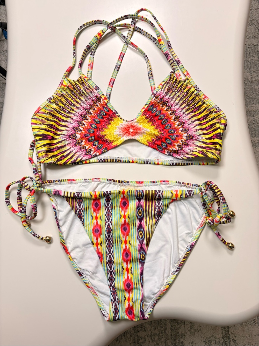 Pilyq Yellow Pink Multi Sunburst Strappy Bikini Set